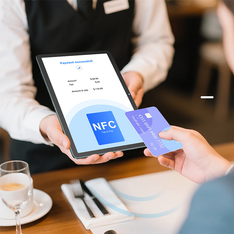 K35 NFC Android tablet demonstrating tap-to-pay & card reading, SoftPOS ready no external reader.