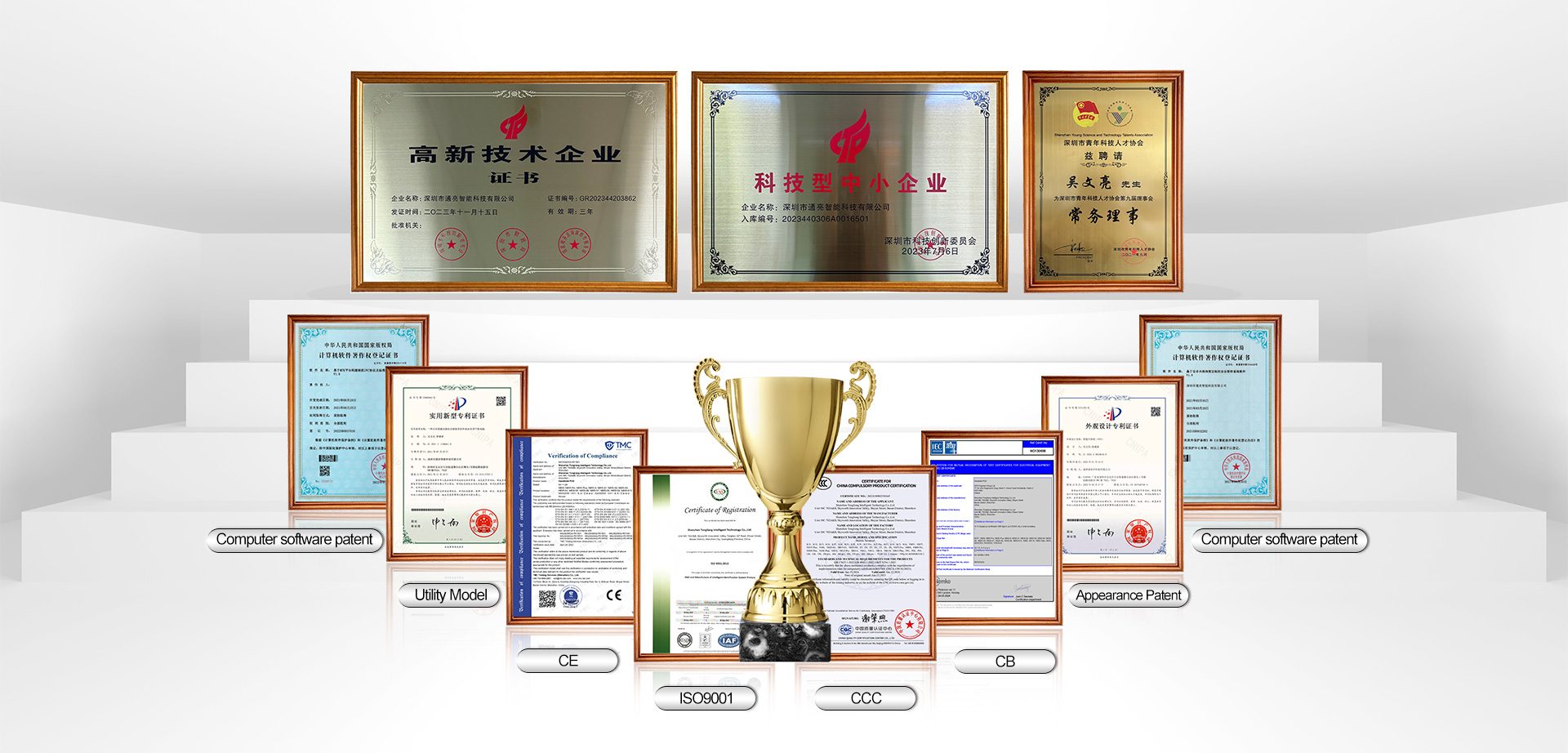 Displaying high-tech enterprise certifications, technology-based enterprise status, and multiple international awards like ISO9001, demonstrating strong R&D strength and strict quality compliance.