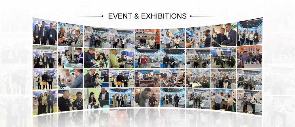 Scenes of the R&D team communicating with customers at global exhibition booths, reflecting strong R&D capabilities and market recognition.