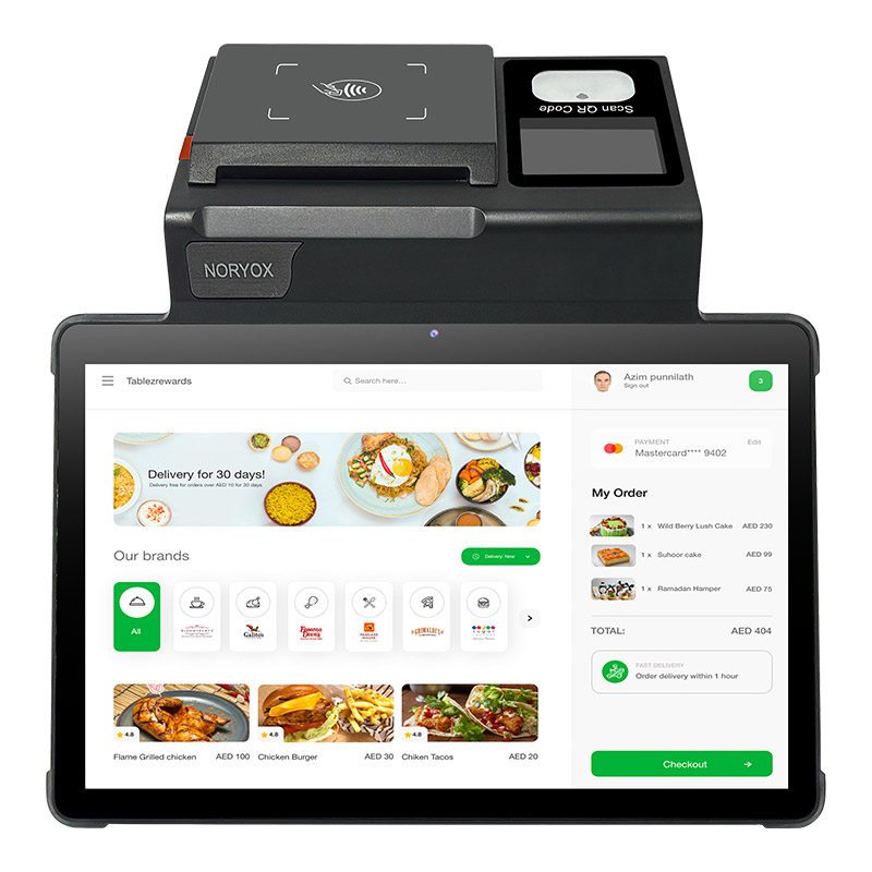 NB11T Final (Fiscal) Android POS terminal front view showing 11-inch touchscreen with restaurant menu UI, built-in 80mm thermal printer, NFC and tax control module for VAT compliance.