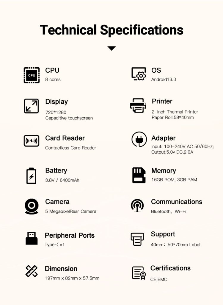NORYOX NB55 5.5-inch handheld POS key specs: Android, 58mm thermal printer, 4G, NFC, MT6797 10-core for mobile retail.
