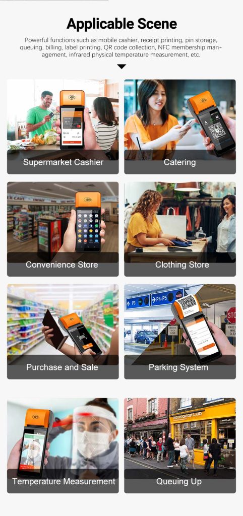NB55 5.5" portable Android POS terminal in real scenes: retail checkout, catering service, food delivery with built-in 58mm printer.