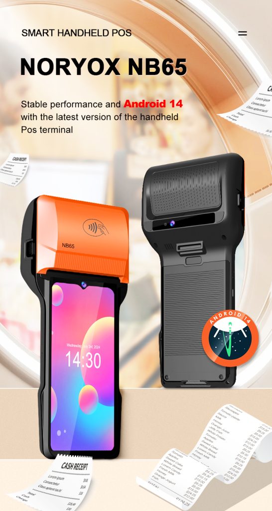 NORYOX NB65 6.5" Android 14 POS, 80mm printer, NFC, optional fingerprint scanner, OEM/ODM factory direct.