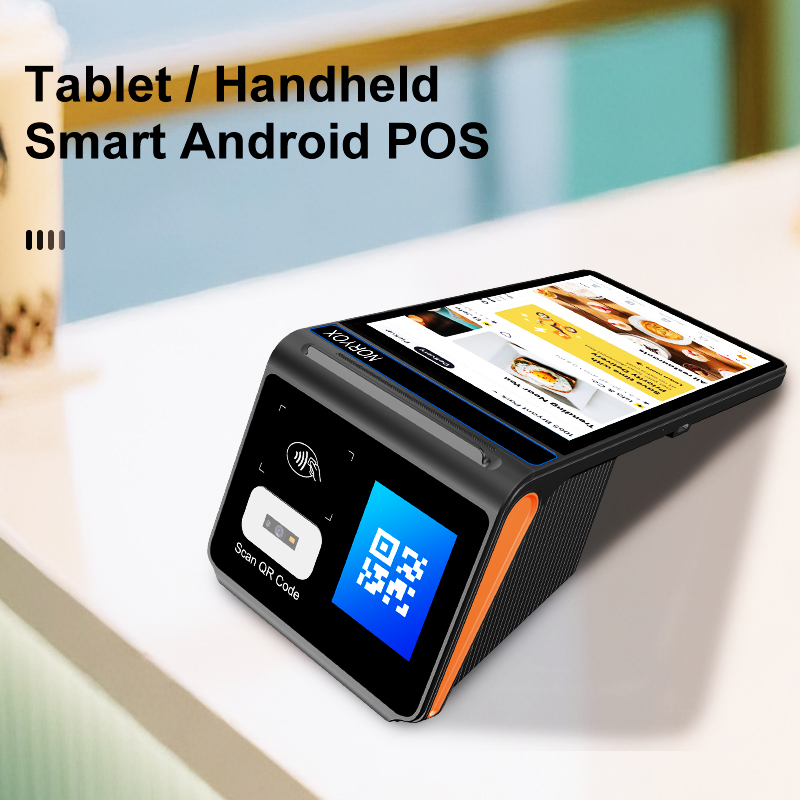 NB80T handheld Android POS features 8" IPS, 1D/2D scanner, NFC (Mifare/FeliCa), 80mm receipt printing, and rich I/O for cash drawer and Ethernet.