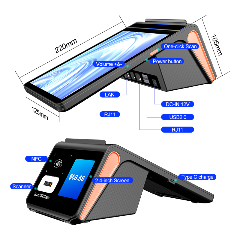 Compact 8" handheld design with Ethernet RJ45, RJ11/RJ12 for cash drawer, dual USB-A, DC, 4G LTE dual SIM, bridging mobile POS and desktop I/O.