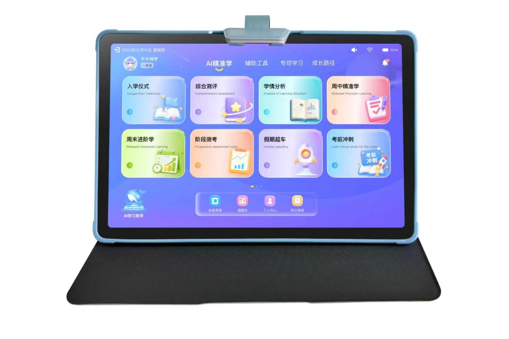 K12 11.97" Android 15 learning tablet with external keyboard, supporting typing and coding classes.