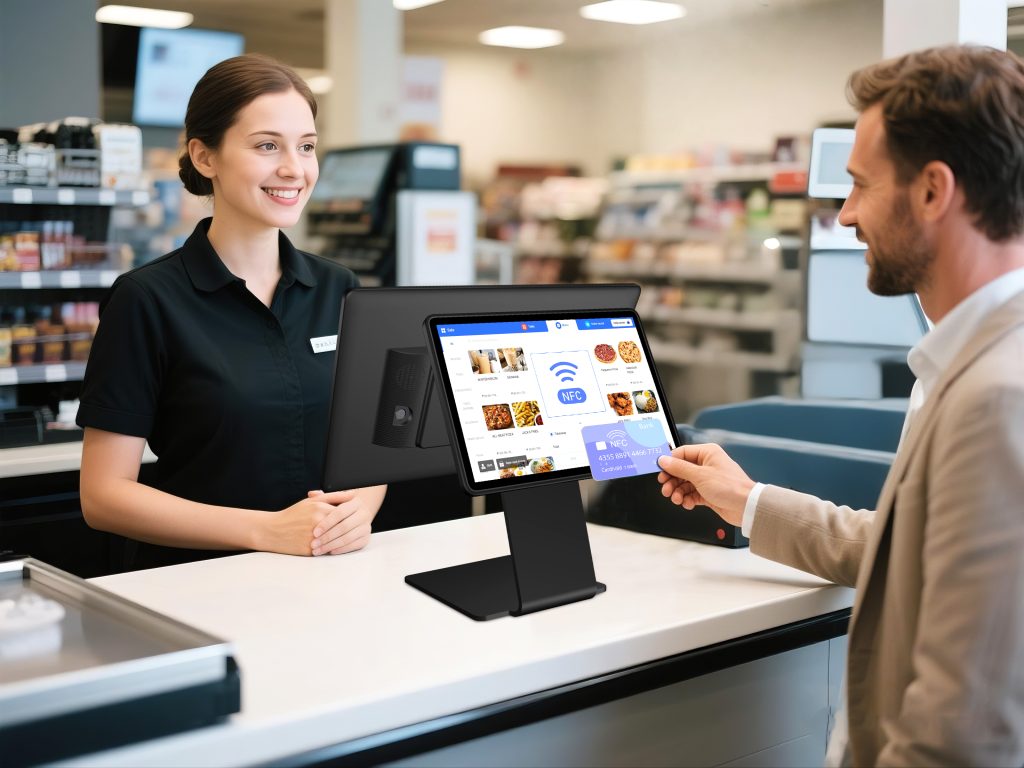 NB156 dual-screen POS terminal in retail checkout, showing menu on customer display for in-store promotion