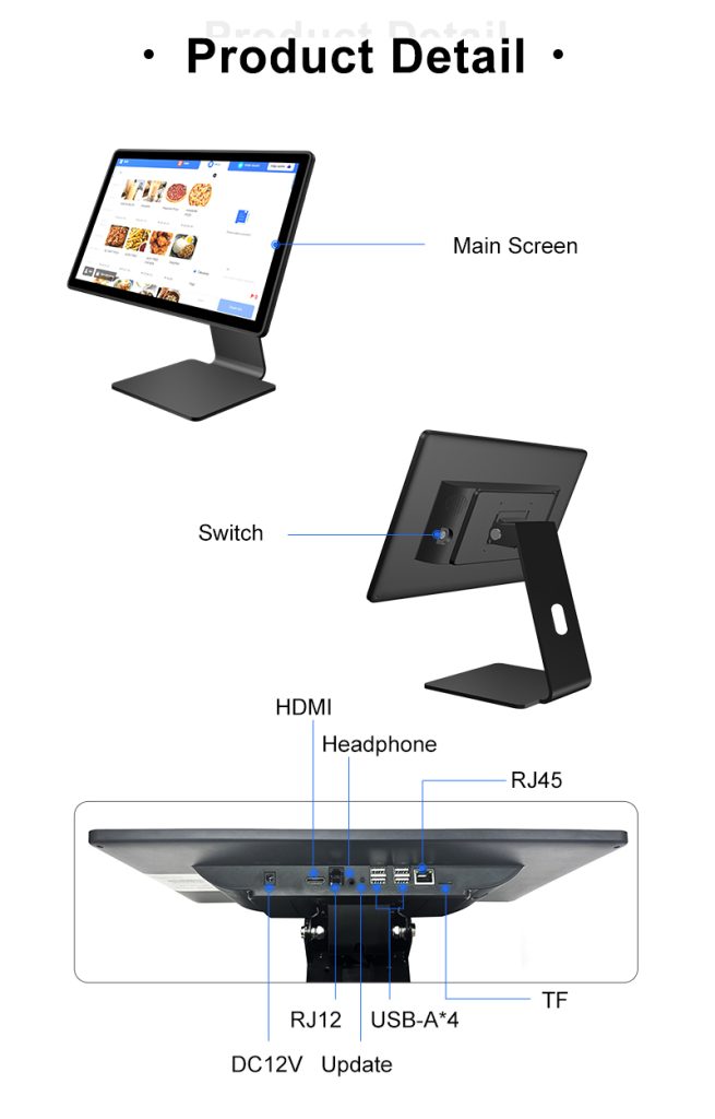 NB156S desktop POS detail showing ports: HDMI, RJ45, USB-A*4, RJ12, TF, headphone, DC12V, external peripheral ready.