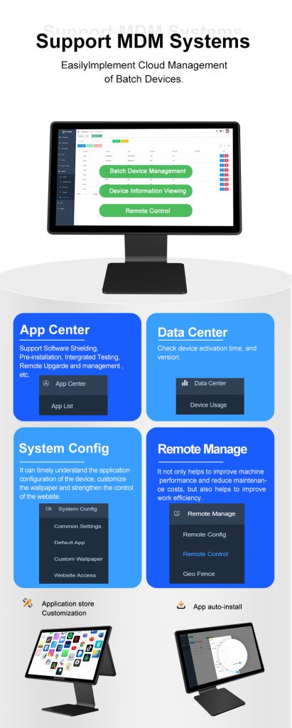 NB156S Android 14 POS supports MDM cloud management, remote control and app center for chain store batch deployment.