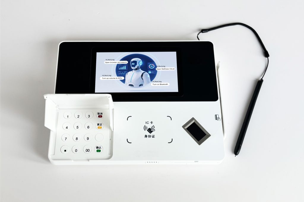 N107 5-inch biometric terminal with 16-key PIN pad, fingerprint sensor, NFC/IC card reader for bank KYC & ID enrollment.