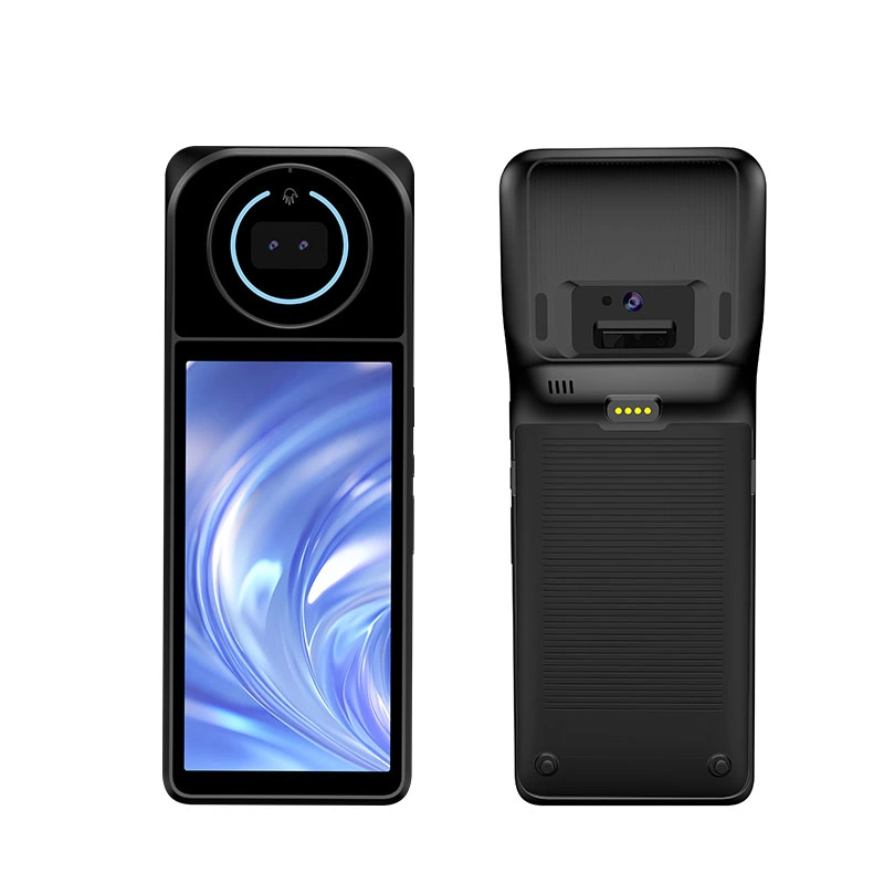NORYOX NB60PRO Palm POS terminal front screen and back view with rear fingerprint/palm scanner module and textured cover.