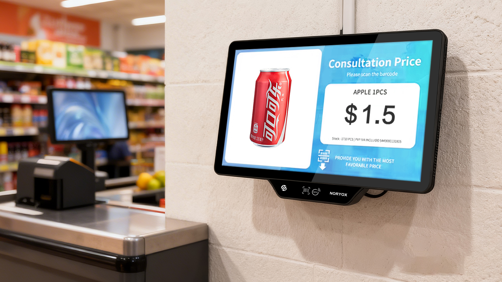 Customer using NORYOX P11G barcode scanning price checker in supermarket