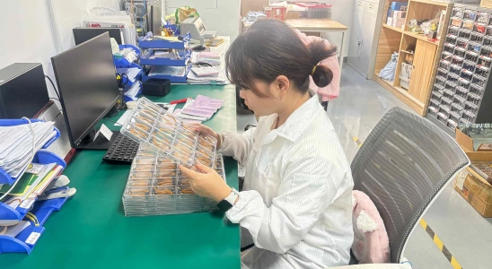 Detailed assembly process of finished goods, including screen integration and meticulous visual quality inspection by skilled technicians.
