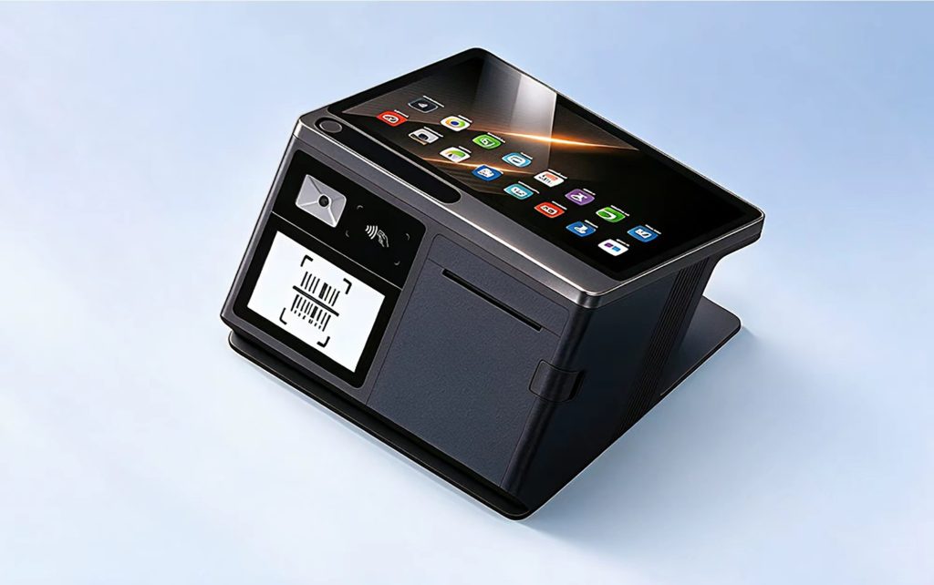11-inch all-in-one desktop POS terminal with built-in 80mm auto-cutter printer, 4.3-inch customer display, 1D/2D scanner, and NFC payment for retail and QSR.