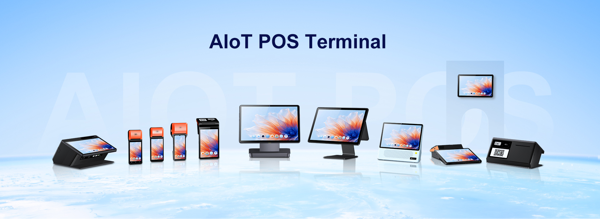 NORYOX AIoT POS terminal full product family banner showcasing desktop POS, handheld mobile POS, fiscal terminals, and smart retail solutions including DP11, NB60, NB65, and NB80T models.