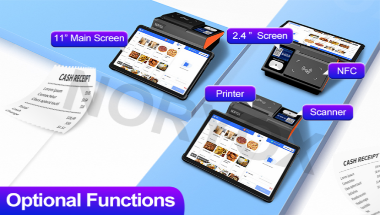 NORYOX Android POS optional functions: main screen, customer display, printer, NFC and scanner modules.