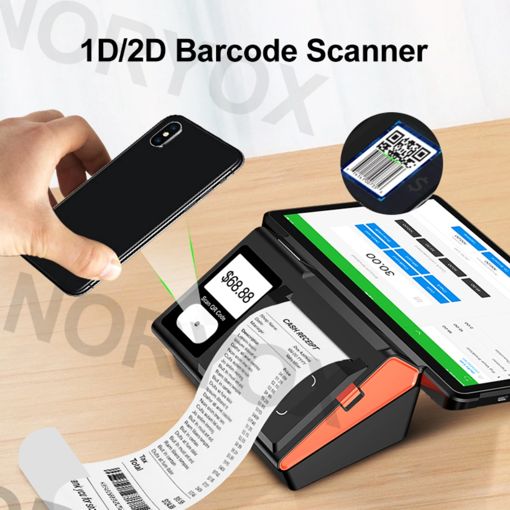 NB11T tablet POS built-in 80mm receipt/label printer, metal cutter, high-speed printing for retail invoices.