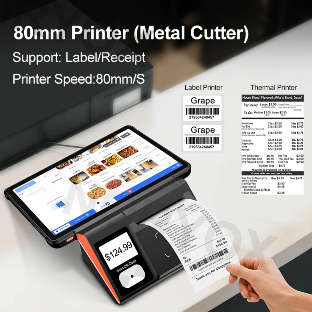 NB11T Android POS terminal combining 80mm printer, 1D/2D scanner and dual screens for all-in-one checkout.
