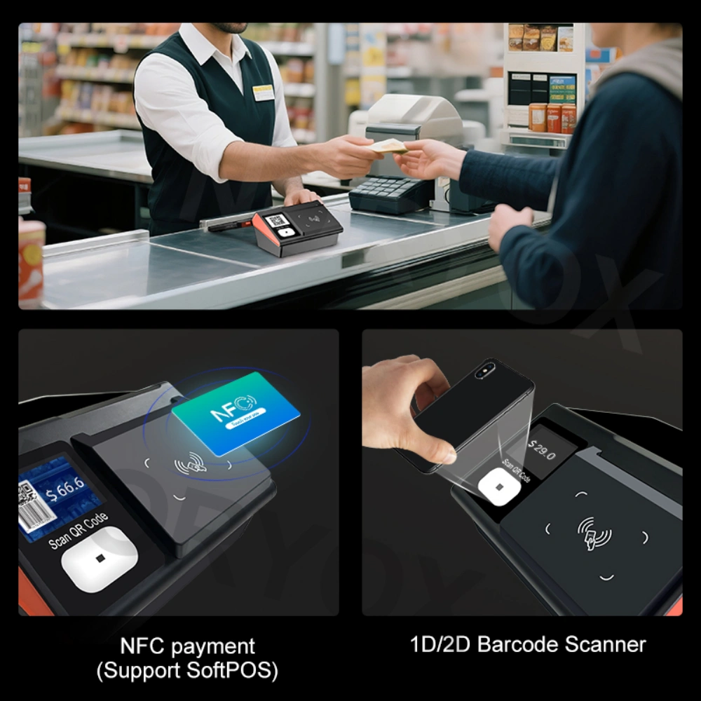 NB11T POS terminal supporting NFC SoftPOS, 1D/2D barcode scanner, and mobile payment for versatile checkout.