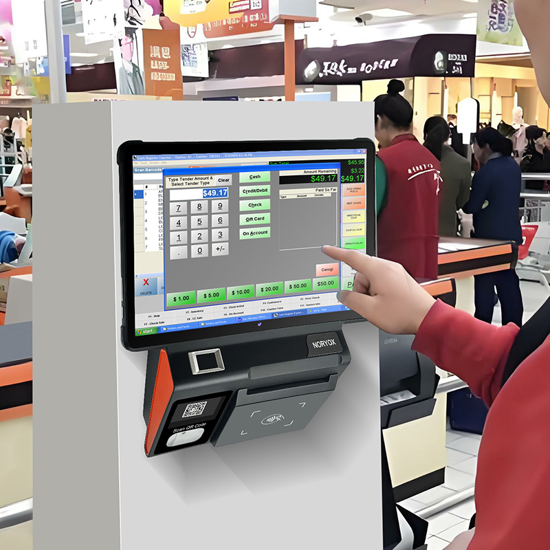 NORYOX NB11F 11-inch fingerprint POS terminal with FBI/STQC certification, used for secure identity verification and checkout in retail.