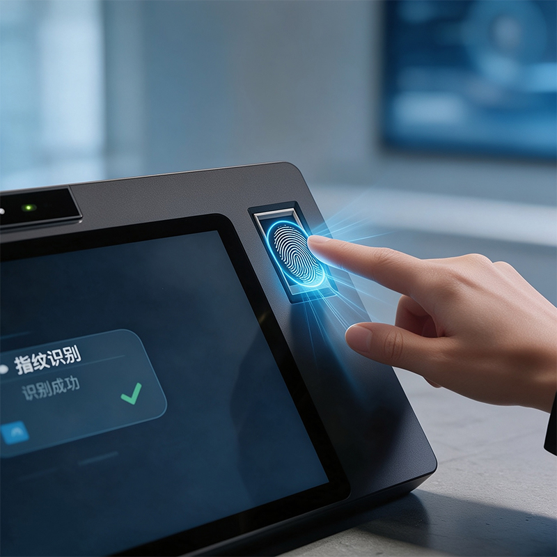 Biometric POS machine displaying successful fingerprint recognition on screen