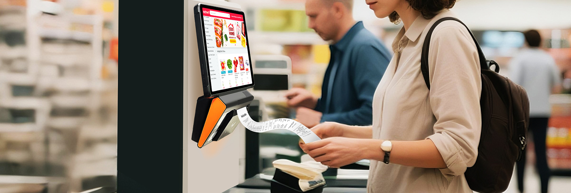 Woman printing receipt at self-checkout station in supermarket.