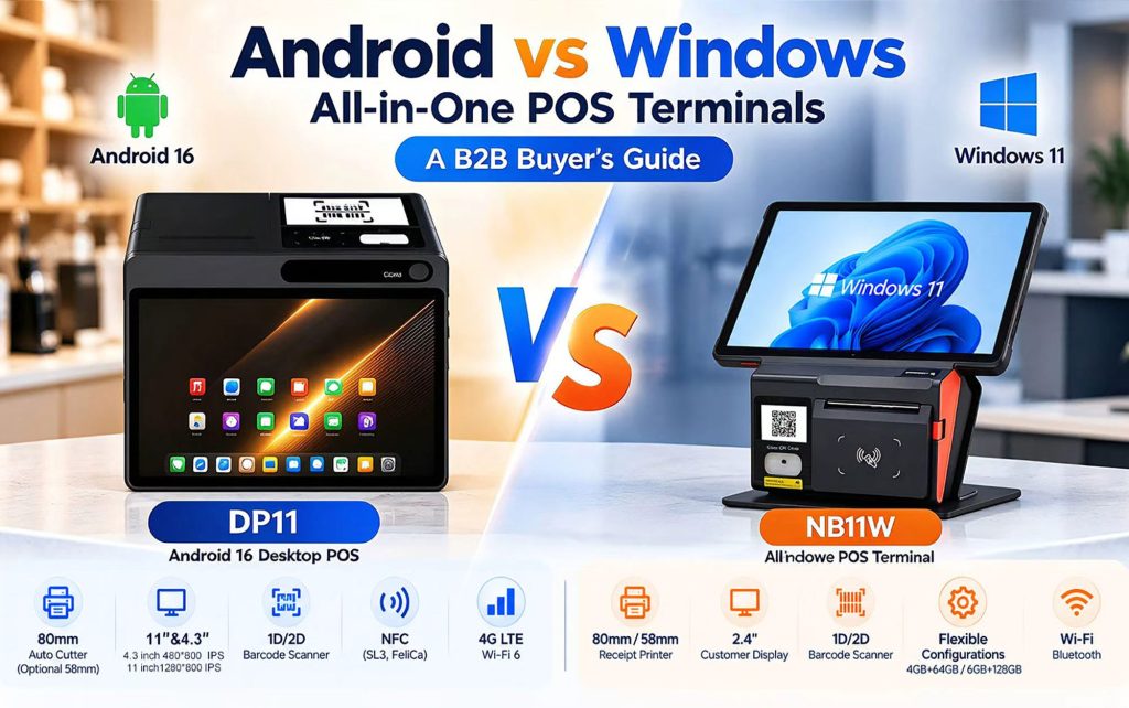 NORYOX DP11 Android 16 vs NB11W Windows 11 all-in-one POS terminals comparison